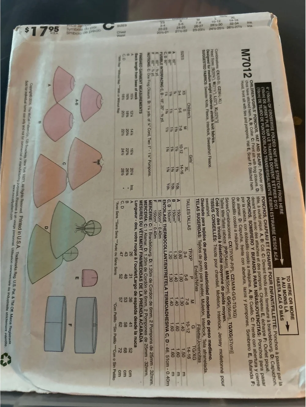 McCall's M7012 Sewing Pattern for Beginner Ponchos and Accessories, Size CZ (Med